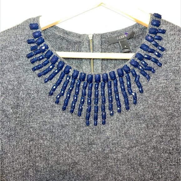 J. Crew Gray Blue Jeweled Neckline Back Zip Sweater Women’s Size S - Picture 3 of 7